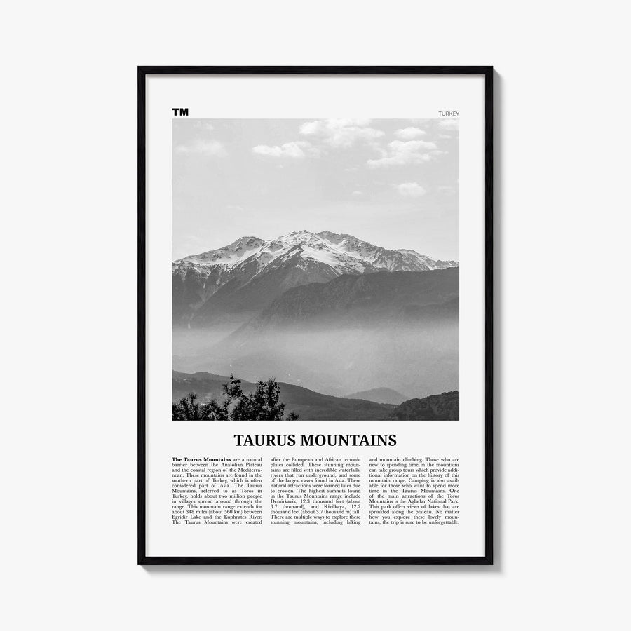 Taurus Mountains black & white newspaper poster of Türkiye – vertical wall art, unframed print shown in interior mockup