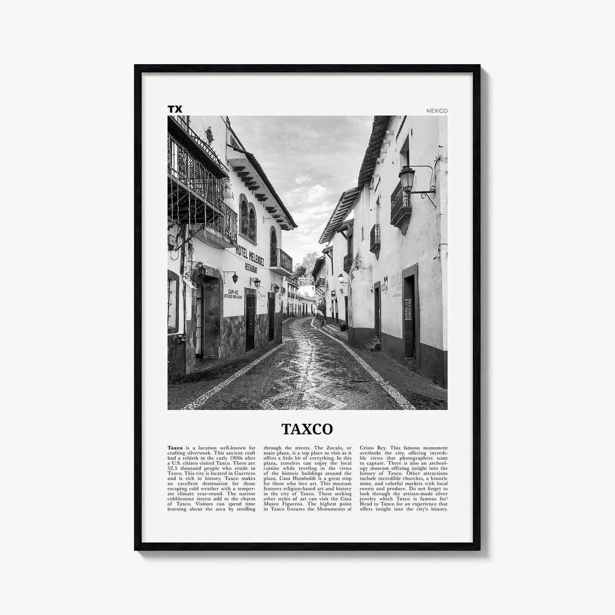 Taxco black & white newspaper poster of Mexico – vertical wall art, unframed print shown in interior mockup