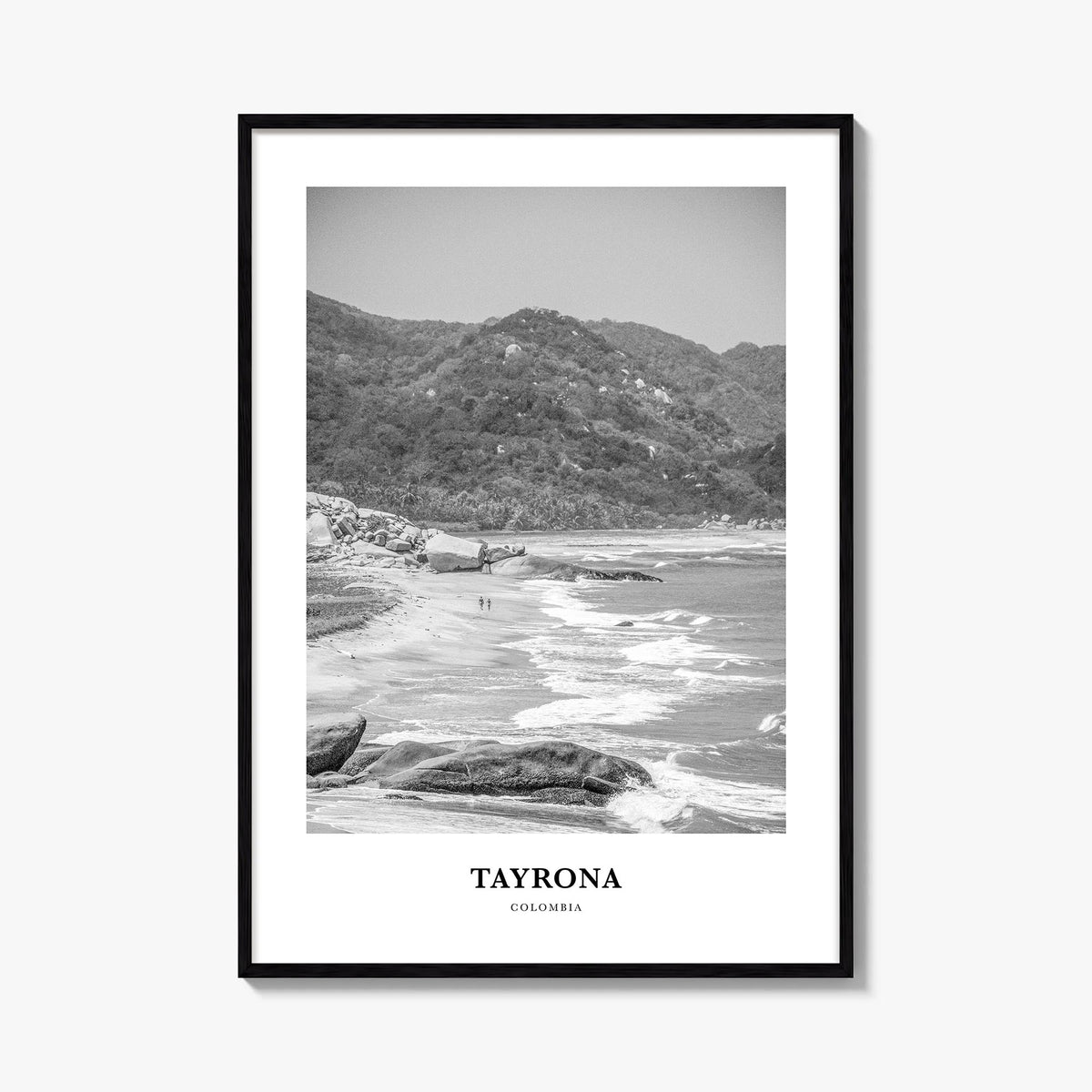 Tayrona National Natural Park black & white classic poster of Colombia – vertical wall art, unframed print shown in interior 