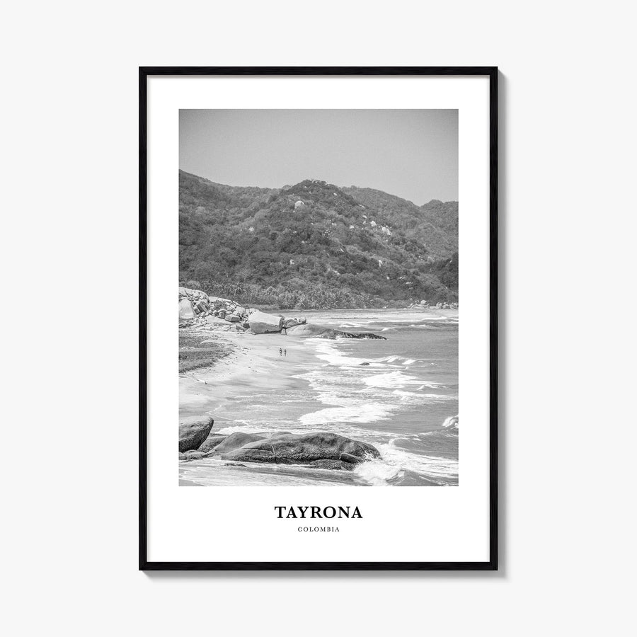 Tayrona National Natural Park black & white classic poster of Colombia – vertical wall art, unframed print shown in interior 