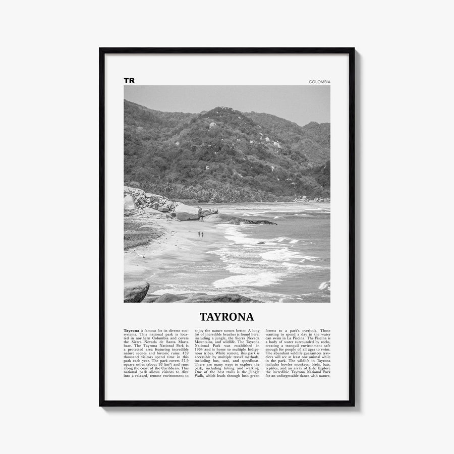 Tayrona National Natural Park black & white newspaper poster of Colombia – vertical wall art, unframed print shown in interio