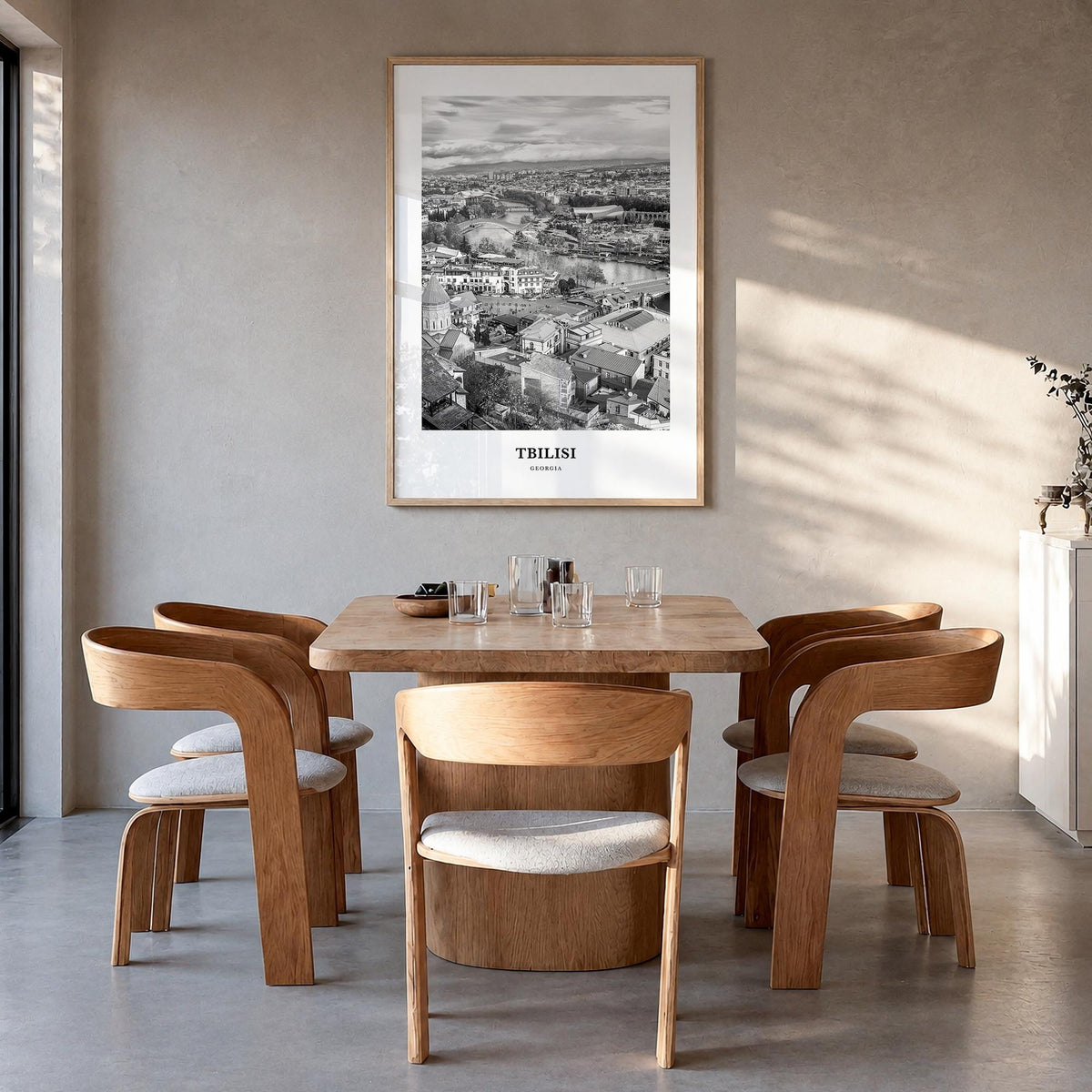 Tbilisi black & white classic poster of Georgia – vertical wall art in natural wood frame, hanging on wall