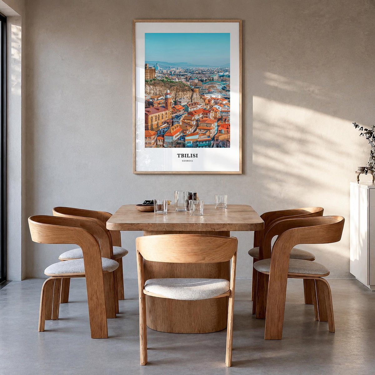 Tbilisi colorful classic poster of Georgia – vertical wall art in natural wood frame, hanging on wall