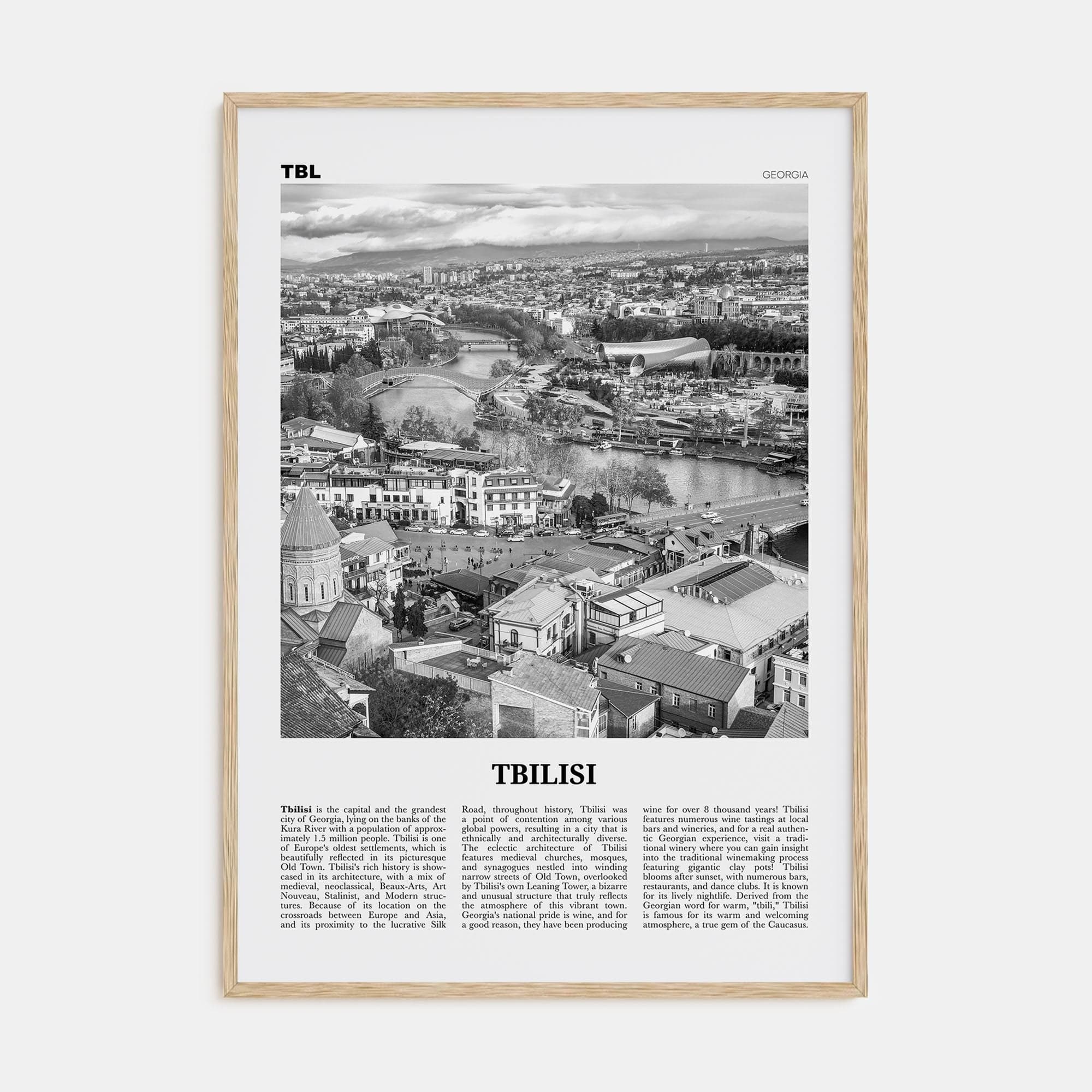 Tbilisi Poster Natural Wood / 8x12 in Nbourhood Travel B&W Poster