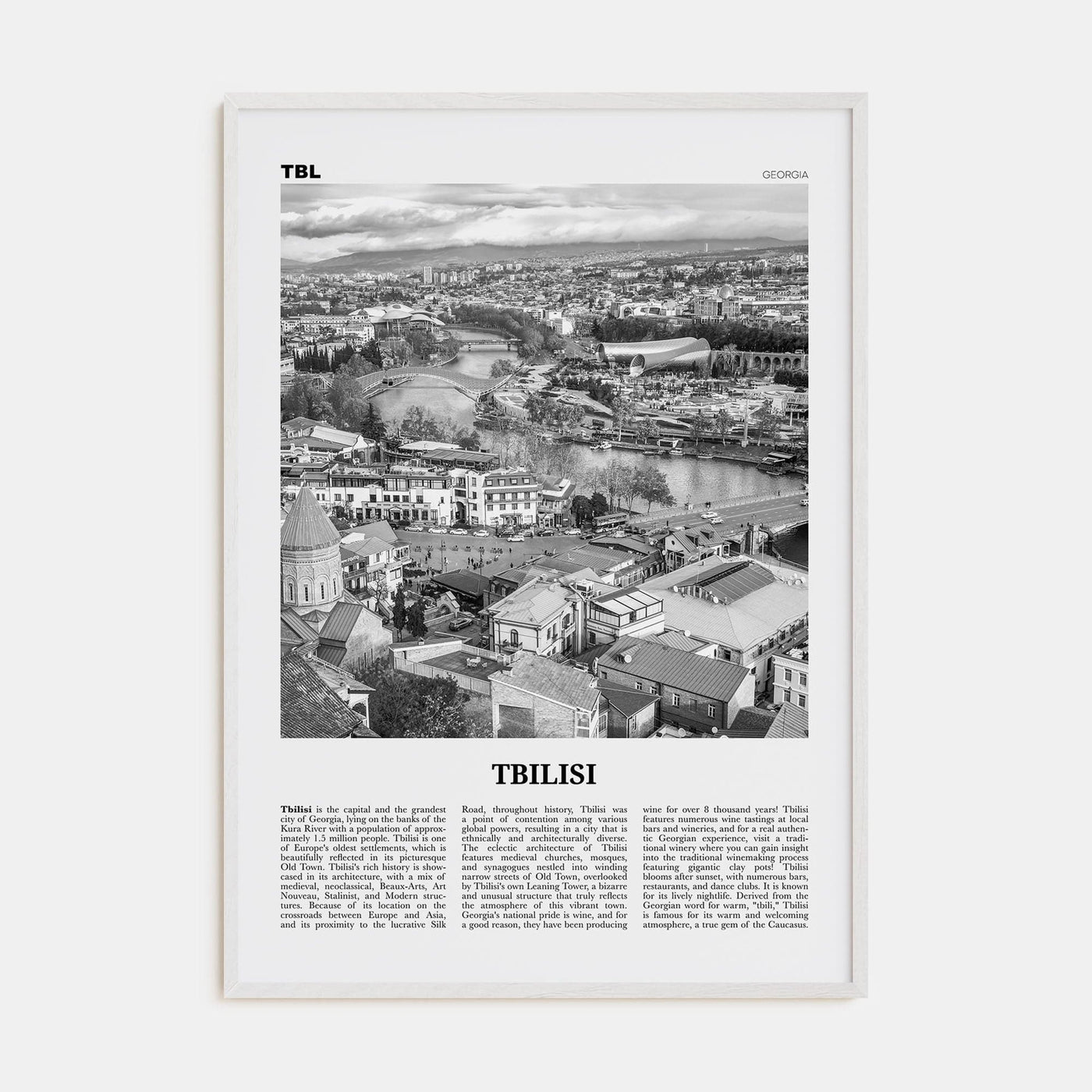 Tbilisi Poster White Wood / 8x12 in Nbourhood Travel B&W Poster