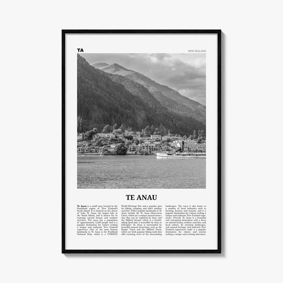 Te Anau black & white newspaper poster of New Zealand – vertical wall art, unframed print shown in interior mockup