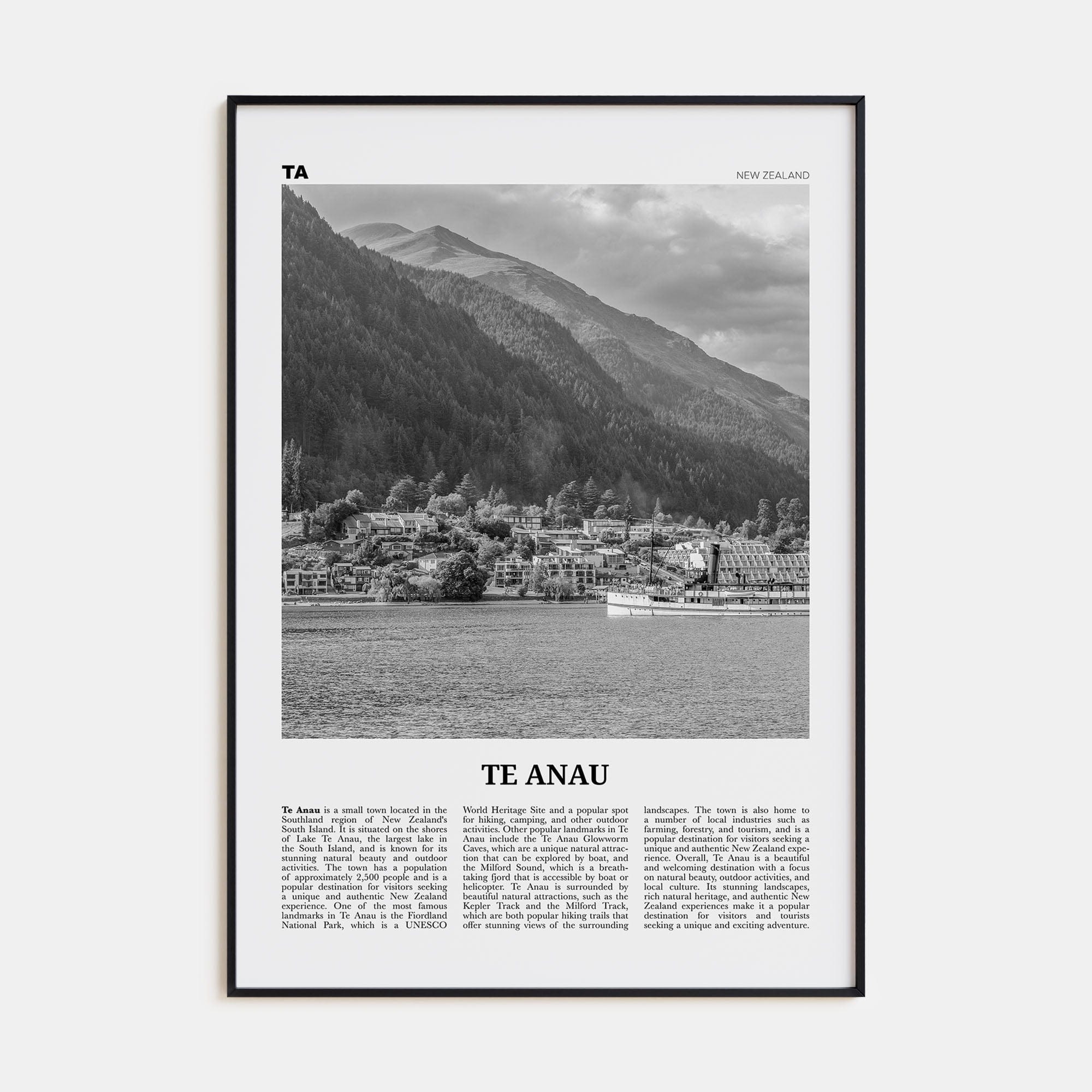 Te Anau Poster Black Metal / 8x12 in Nbourhood Travel B&W Poster