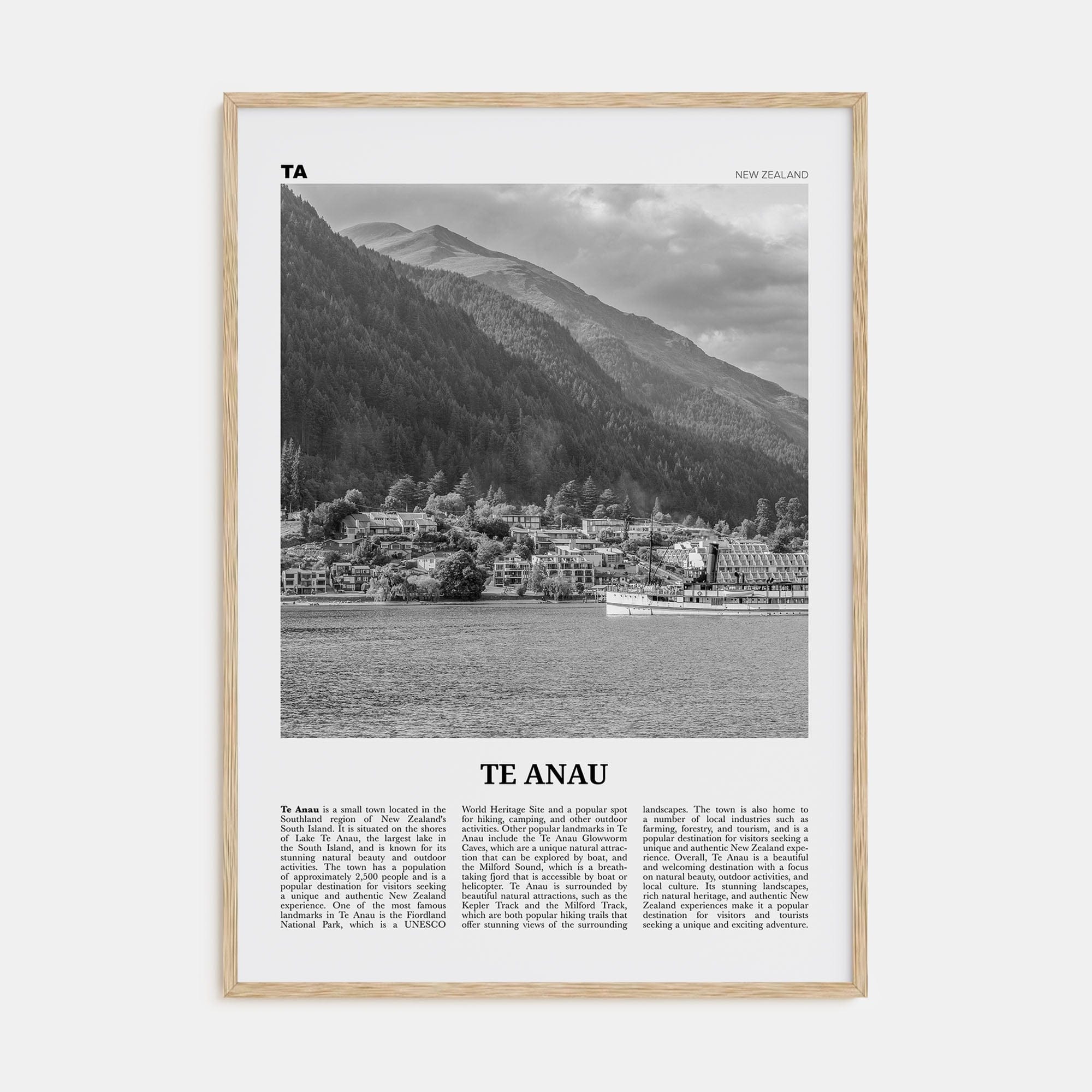 Te Anau Poster Natural Wood / 8x12 in Nbourhood Travel B&W Poster