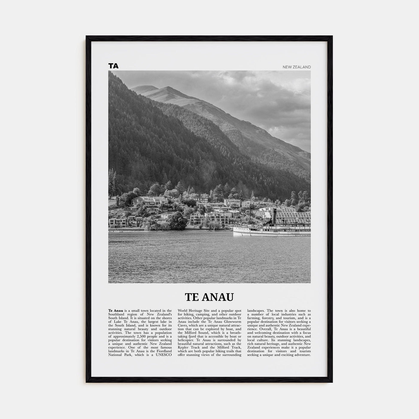 Te Anau Poster Black Wood / 8x12 in Nbourhood Travel B&W Poster