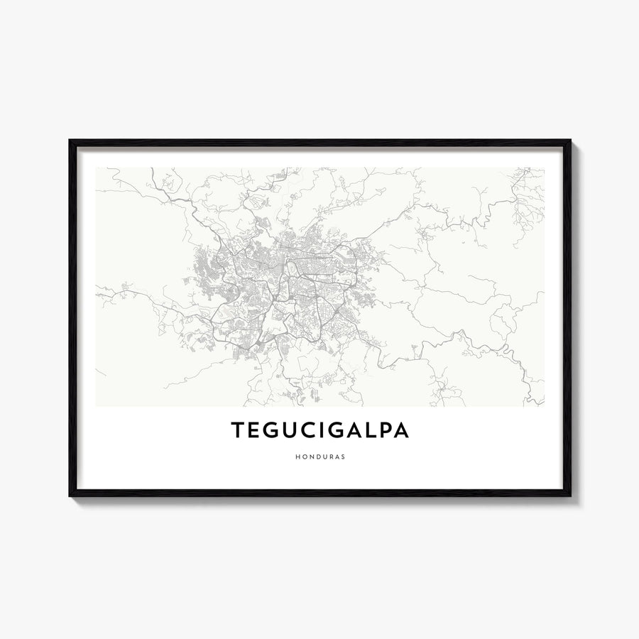 Tegucigalpa black & white map poster of Honduras – horizontal wall art, unframed print shown in interior mockup