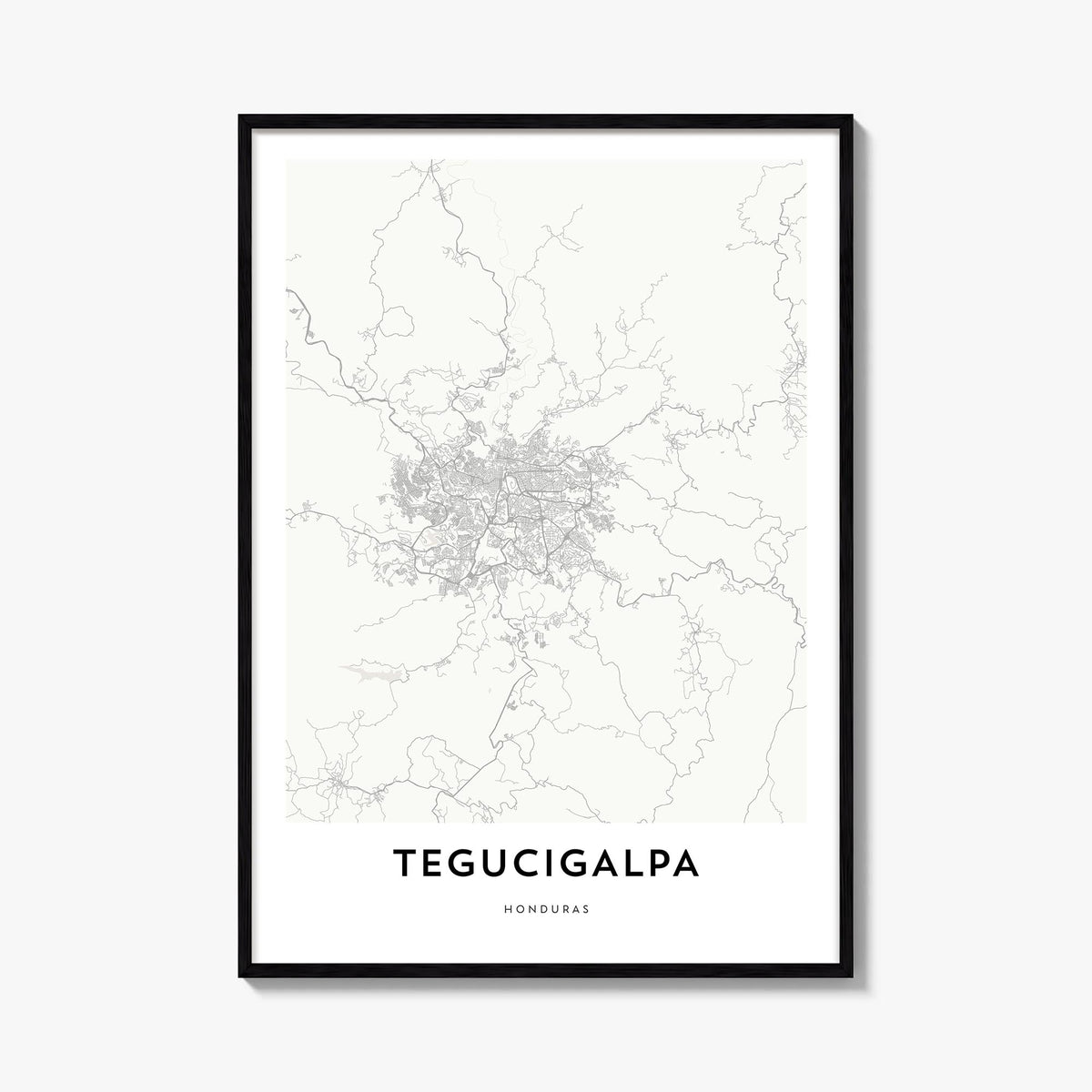 Tegucigalpa black & white map poster of Honduras – vertical wall art, unframed print shown in interior mockup