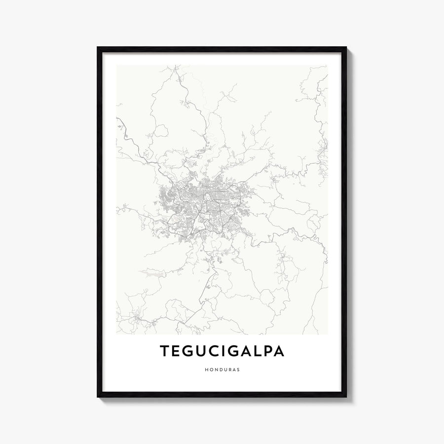 Tegucigalpa black & white map poster of Honduras – vertical wall art, unframed print shown in interior mockup