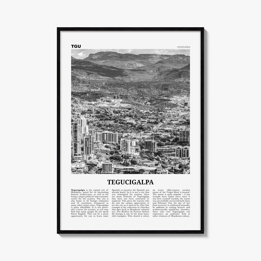 Tegucigalpa black & white newspaper poster of Honduras – vertical wall art, unframed print shown in interior mockup