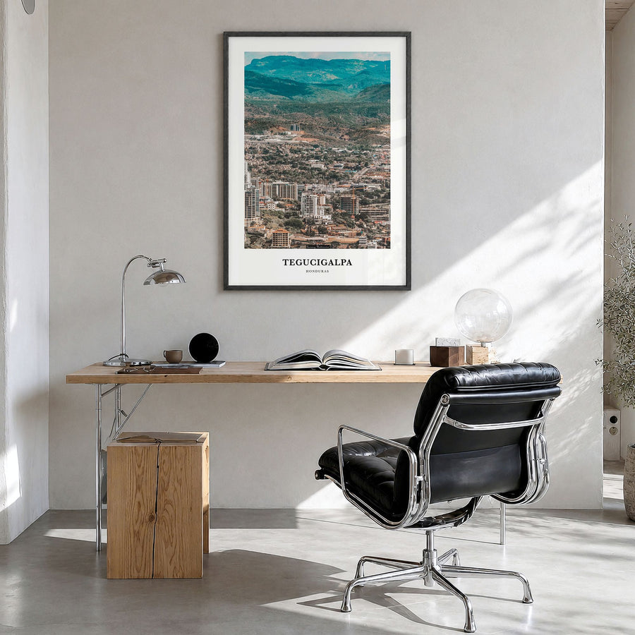 Tegucigalpa Classic Poster in a black wood frame, hanging in a bright home office