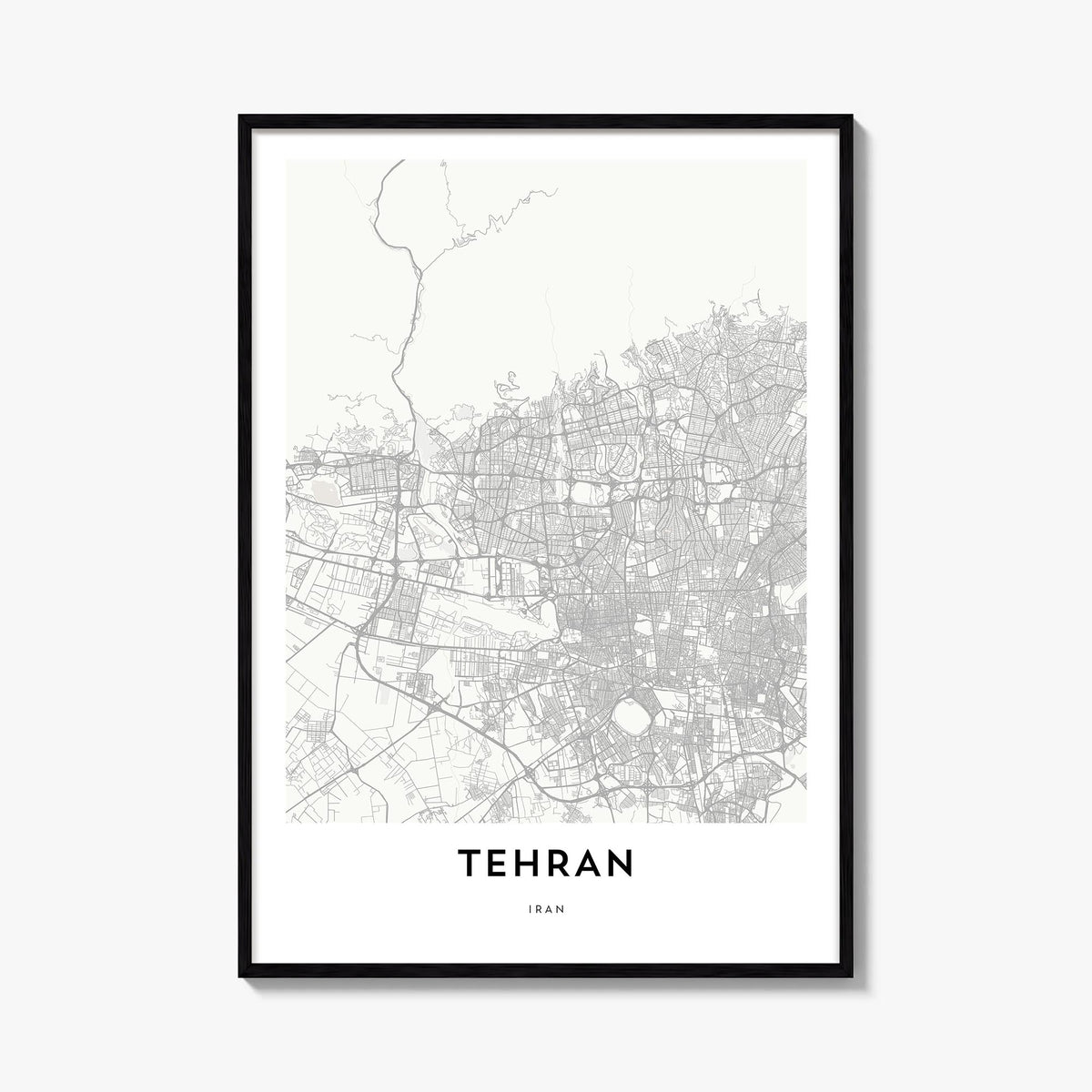 Tehran black & white map poster of Iran – vertical wall art, unframed print shown in interior mockup