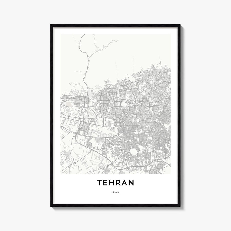 Tehran black & white map poster of Iran – vertical wall art, unframed print shown in interior mockup