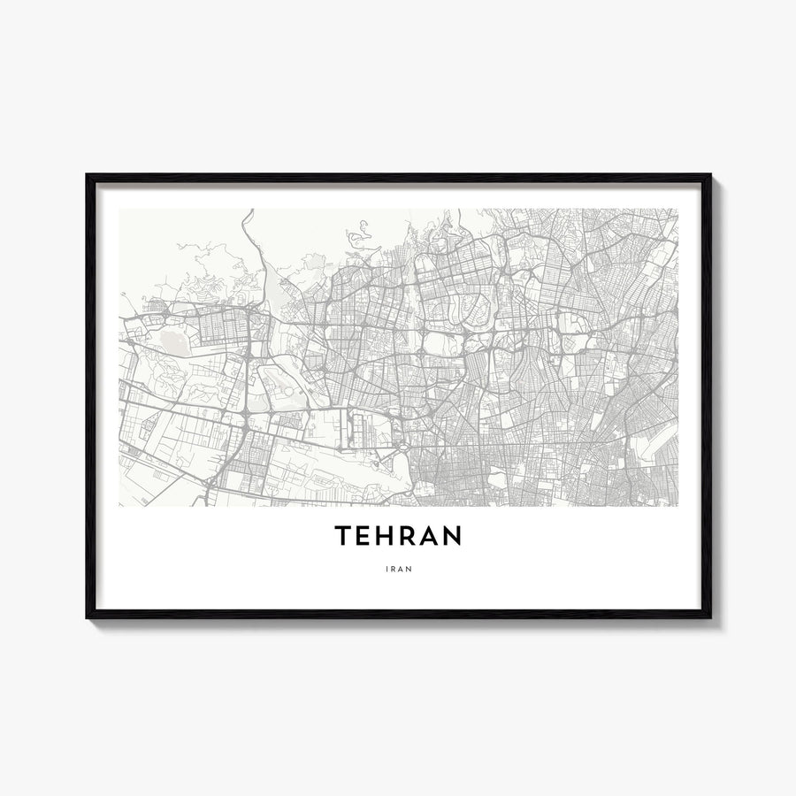Tehran black & white map poster of Iran – horizontal wall art, unframed print shown in interior mockup