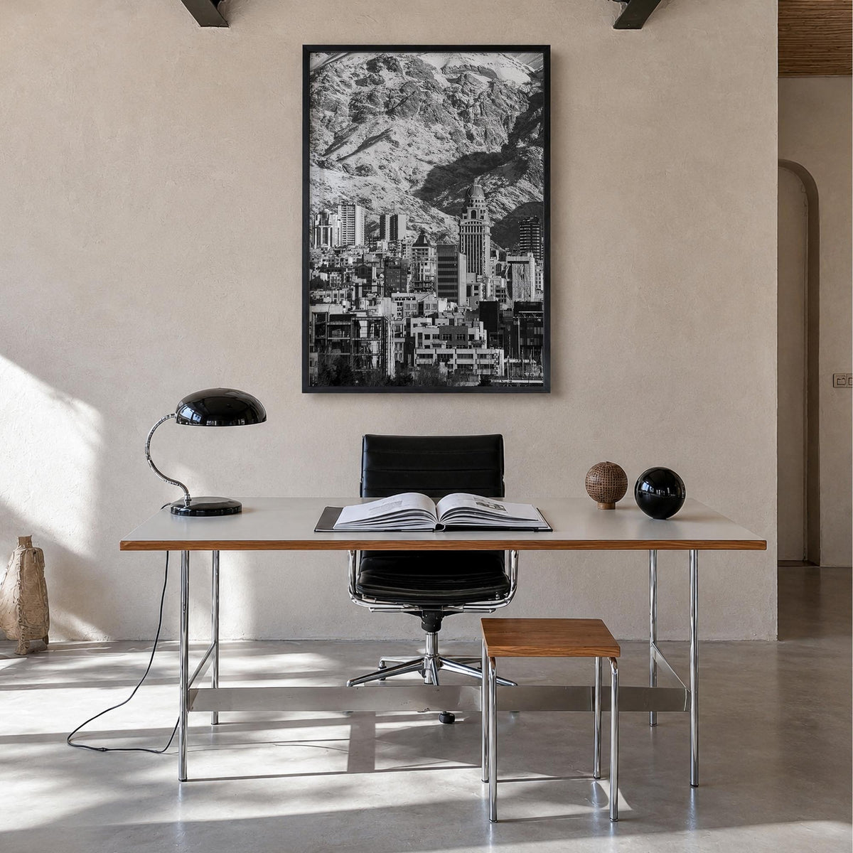 Tehran black & white photo poster of Iran – vertical wall art in black wood frame, hanging on wall