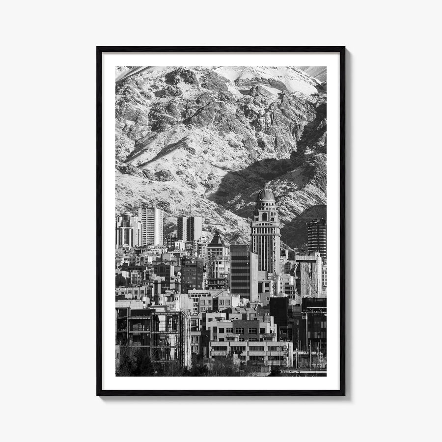 Tehran black & white photo poster of Iran – vertical wall art, unframed print shown in interior mockup