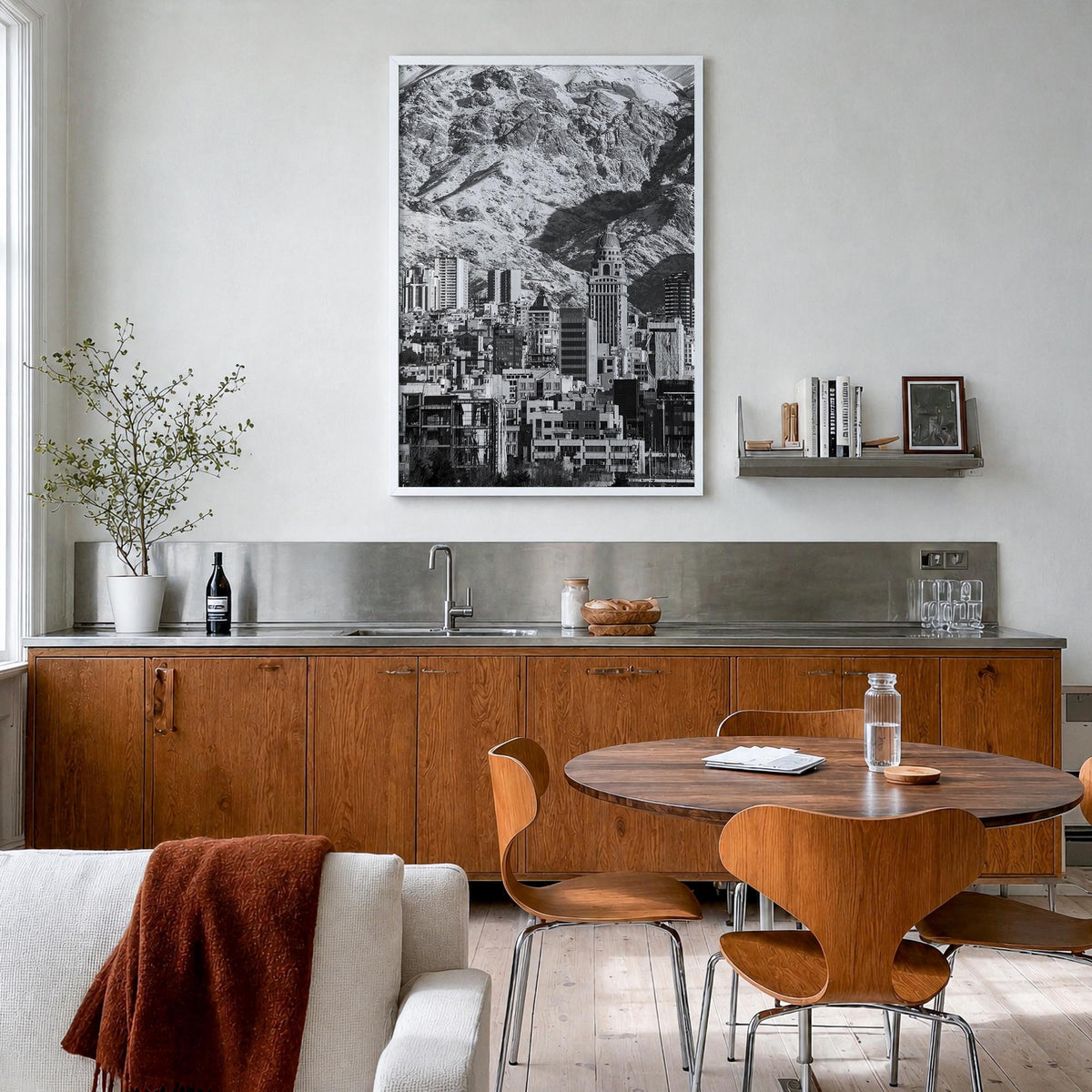Tehran black & white photo poster of Iran – vertical wall art in white wood frame, hanging on wall