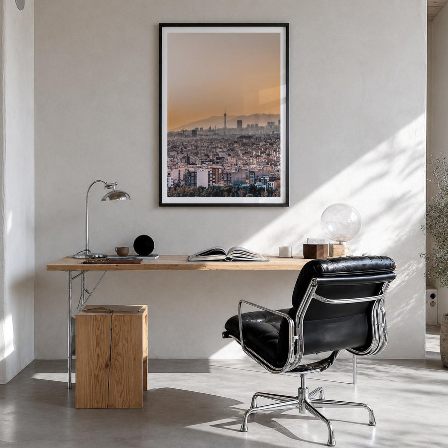 Tehran colorful photo poster of Iran – vertical wall art in black wood frame with white border, hanging on wall