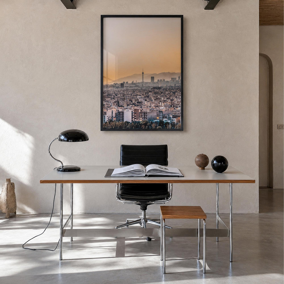 Tehran colorful photo poster of Iran – vertical wall art in black wood frame, hanging on wall