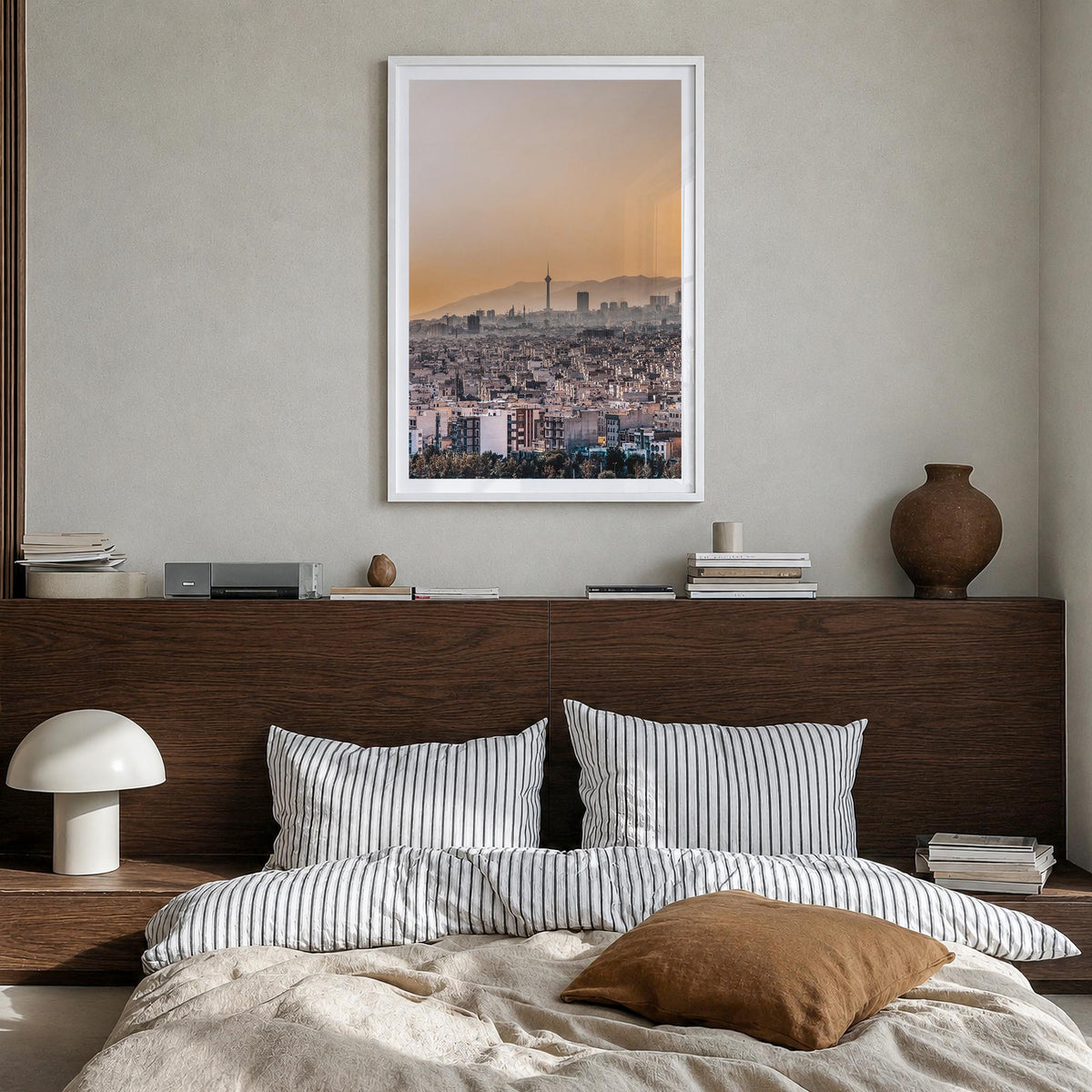Tehran colorful photo poster of Iran – vertical wall art in white wood frame with white border, hanging on wall