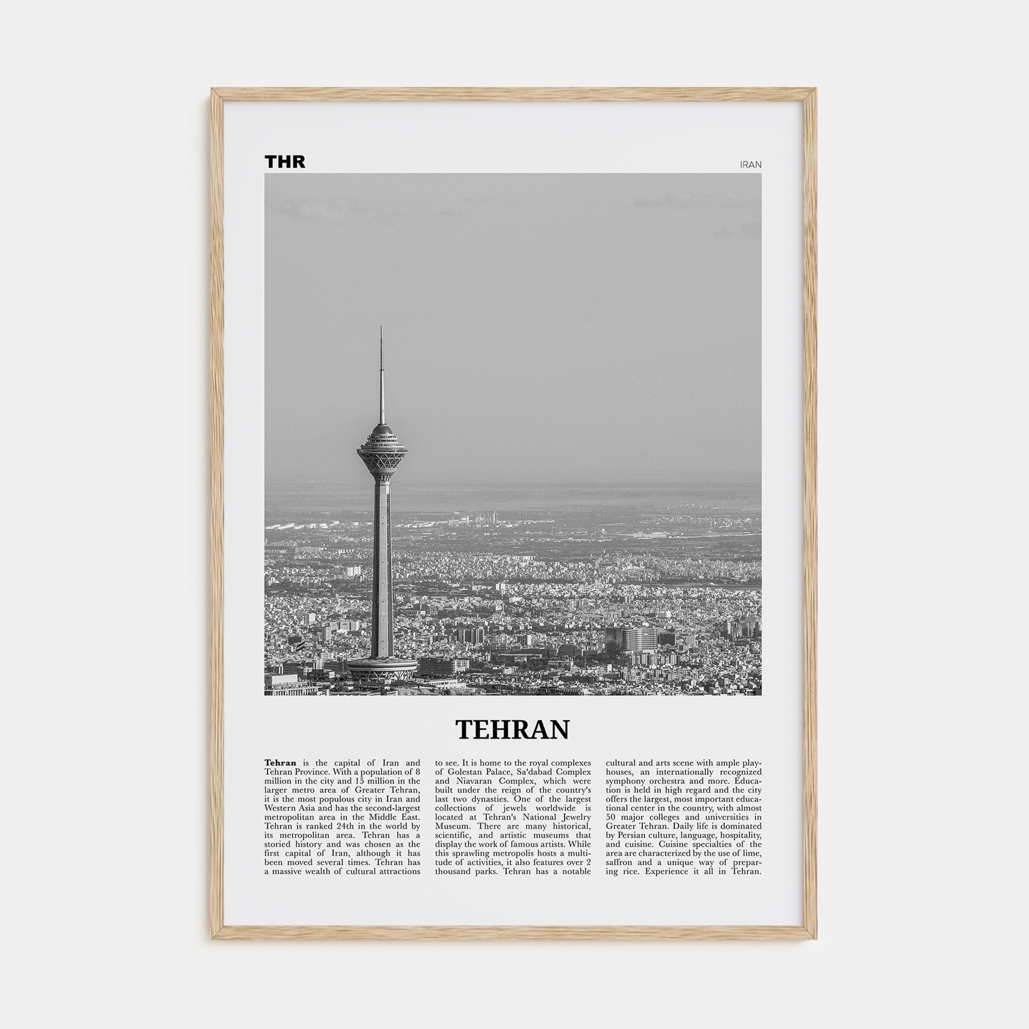 Tehran Poster Natural Wood / 8x12 in Nbourhood Travel B&W Poster