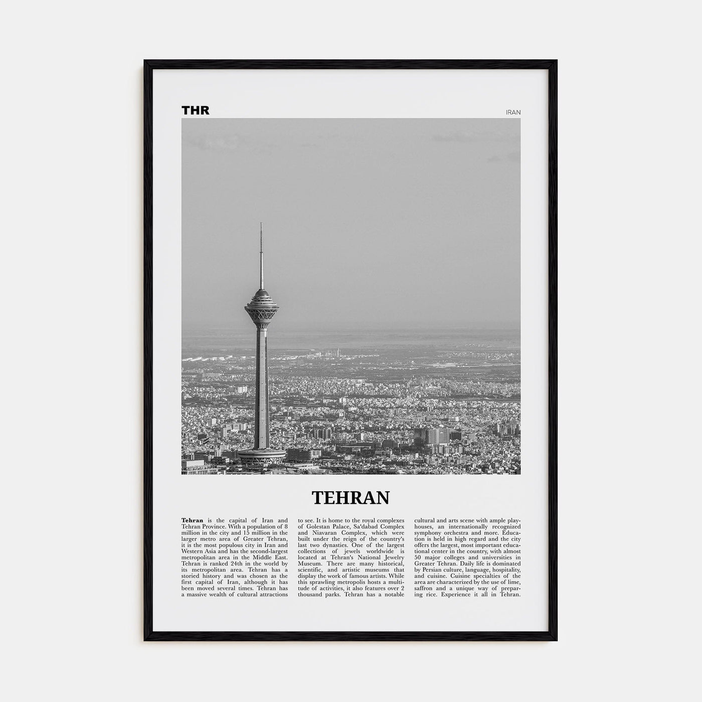 Tehran Poster Black Wood / 8x12 in Nbourhood Travel B&W Poster