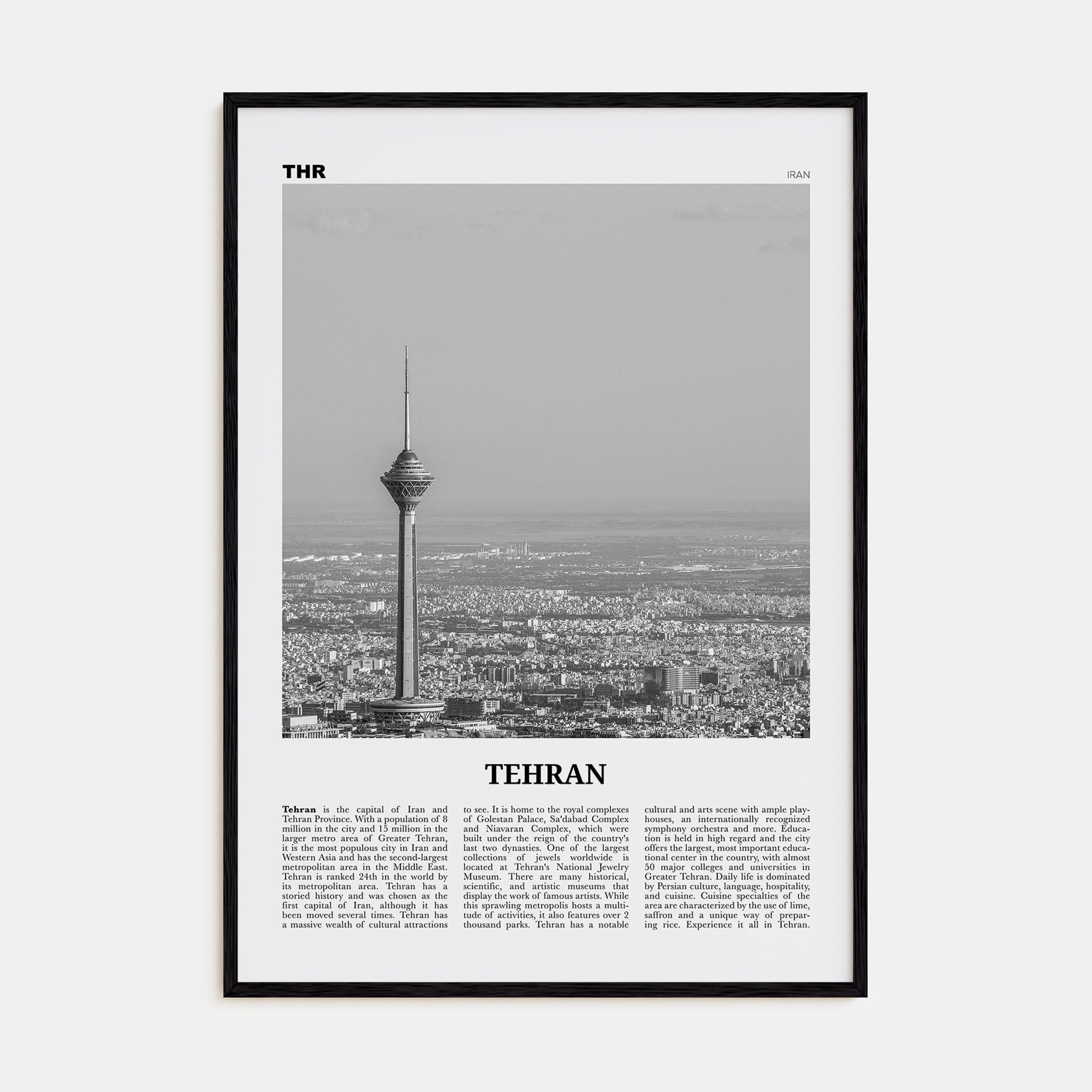 Tehran Poster Black Wood / 8x12 in Nbourhood Travel B&W Poster