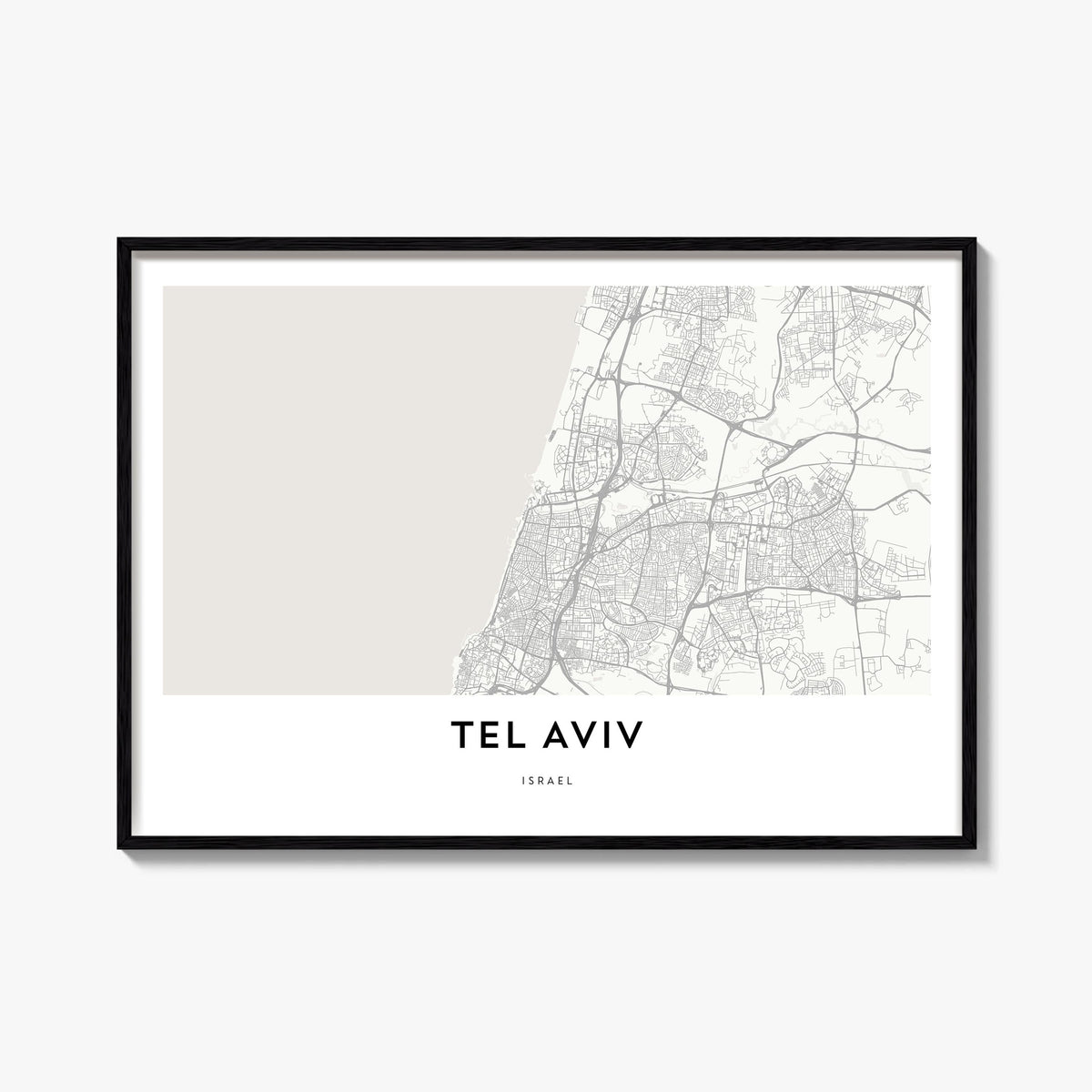 Tel Aviv black & white map poster of Israel – horizontal wall art, unframed print shown in interior mockup