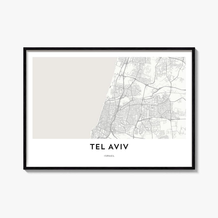 Tel Aviv black & white map poster of Israel – horizontal wall art, unframed print shown in interior mockup