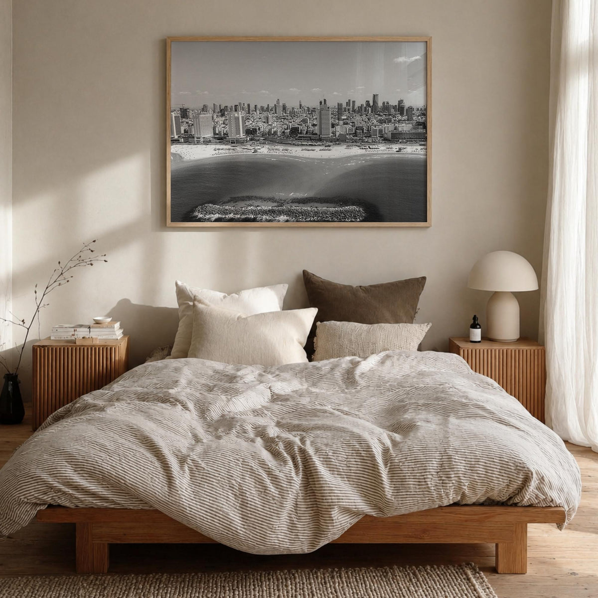Tel Aviv black & white photo poster of Israel – horizontal wall art in natural wood frame, hanging on wall