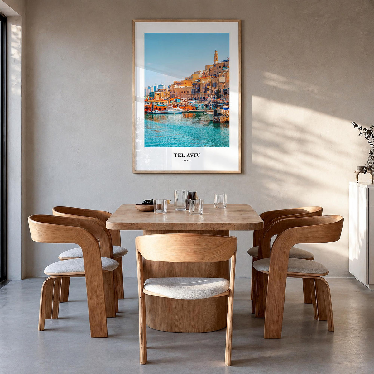 Tel Aviv colorful classic poster of Israel – vertical wall art in natural wood frame, hanging on wall