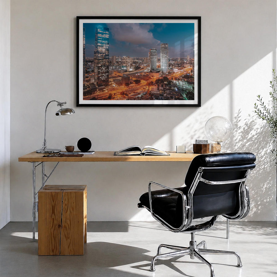 Tel Aviv colorful photo poster of Israel – horizontal wall art in black wood frame with white border, hanging on wall