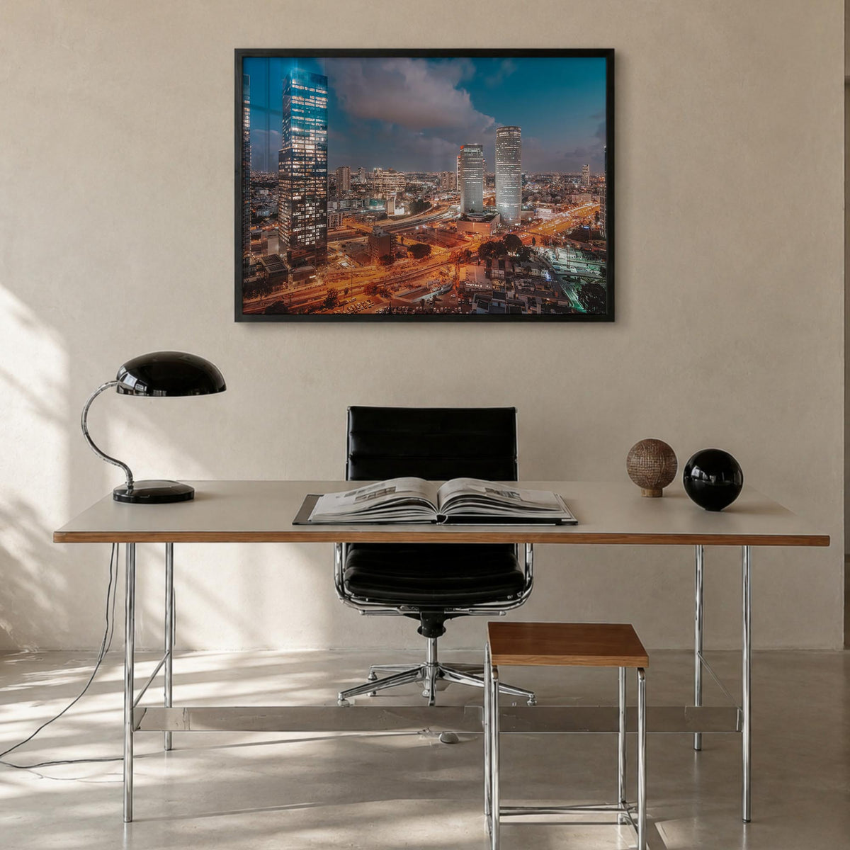 Tel Aviv colorful photo poster of Israel – horizontal wall art in black wood frame, hanging on wall