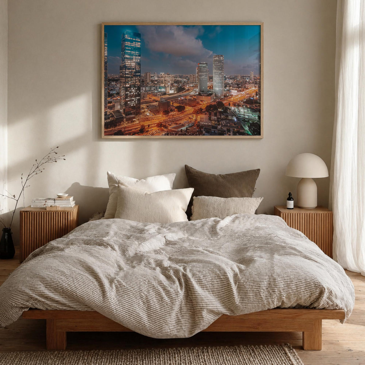 Tel Aviv colorful photo poster of Israel – horizontal wall art in natural wood frame, hanging on wall