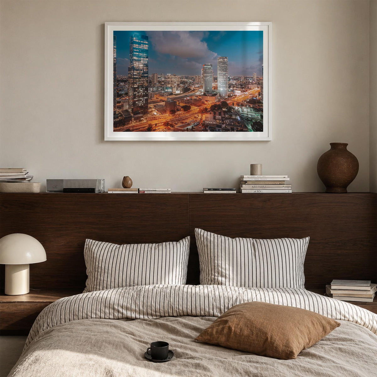 Tel Aviv colorful photo poster of Israel – horizontal wall art in white wood frame with white border, hanging on wall