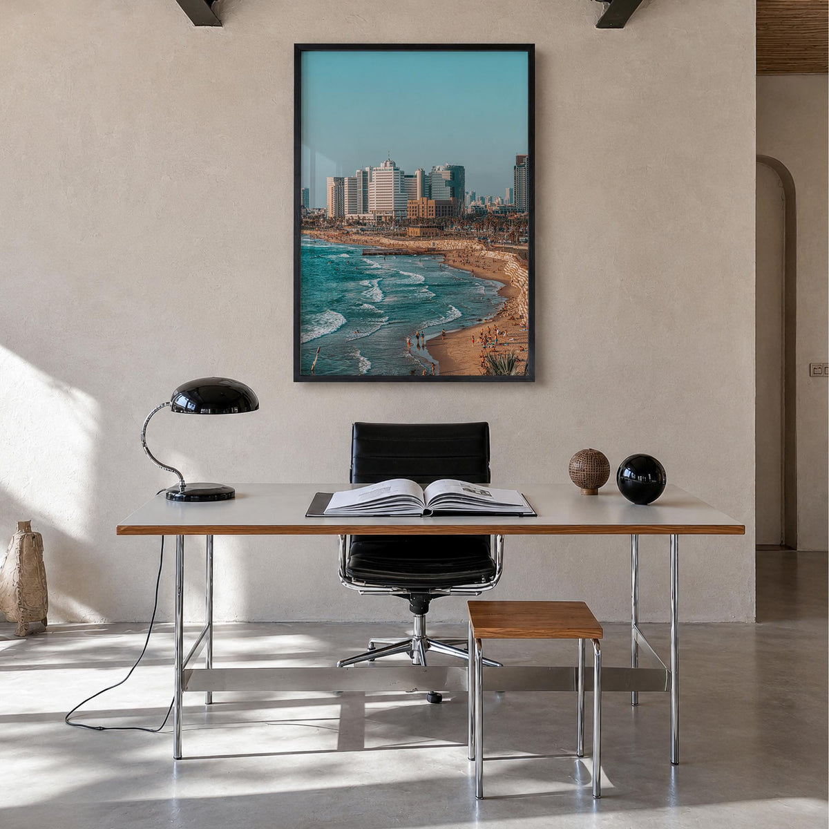 Tel Aviv no. 1 colorful photo poster of Israel – vertical wall art in black wood frame, hanging on wall