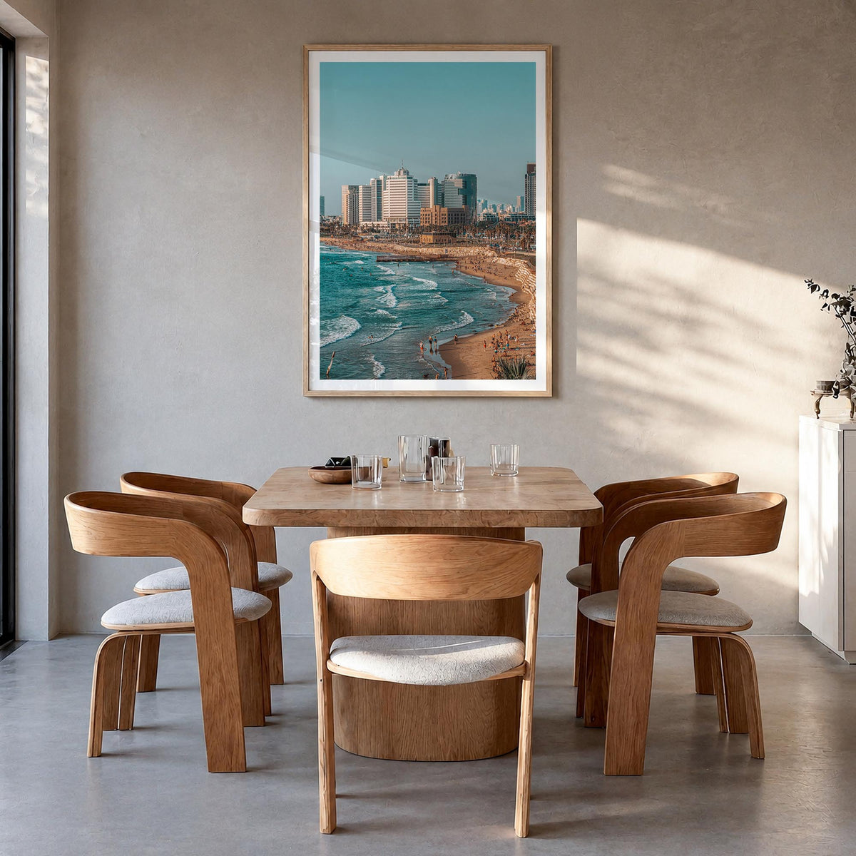 Tel Aviv no. 1 colorful photo poster of Israel – vertical wall art in natural wood frame with white border, hanging on wall