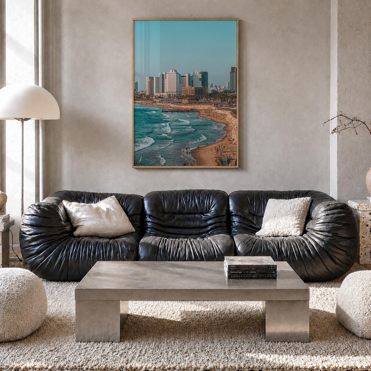 Tel Aviv no. 1 colorful photo poster of Israel – vertical wall art in natural wood frame, hanging on wall