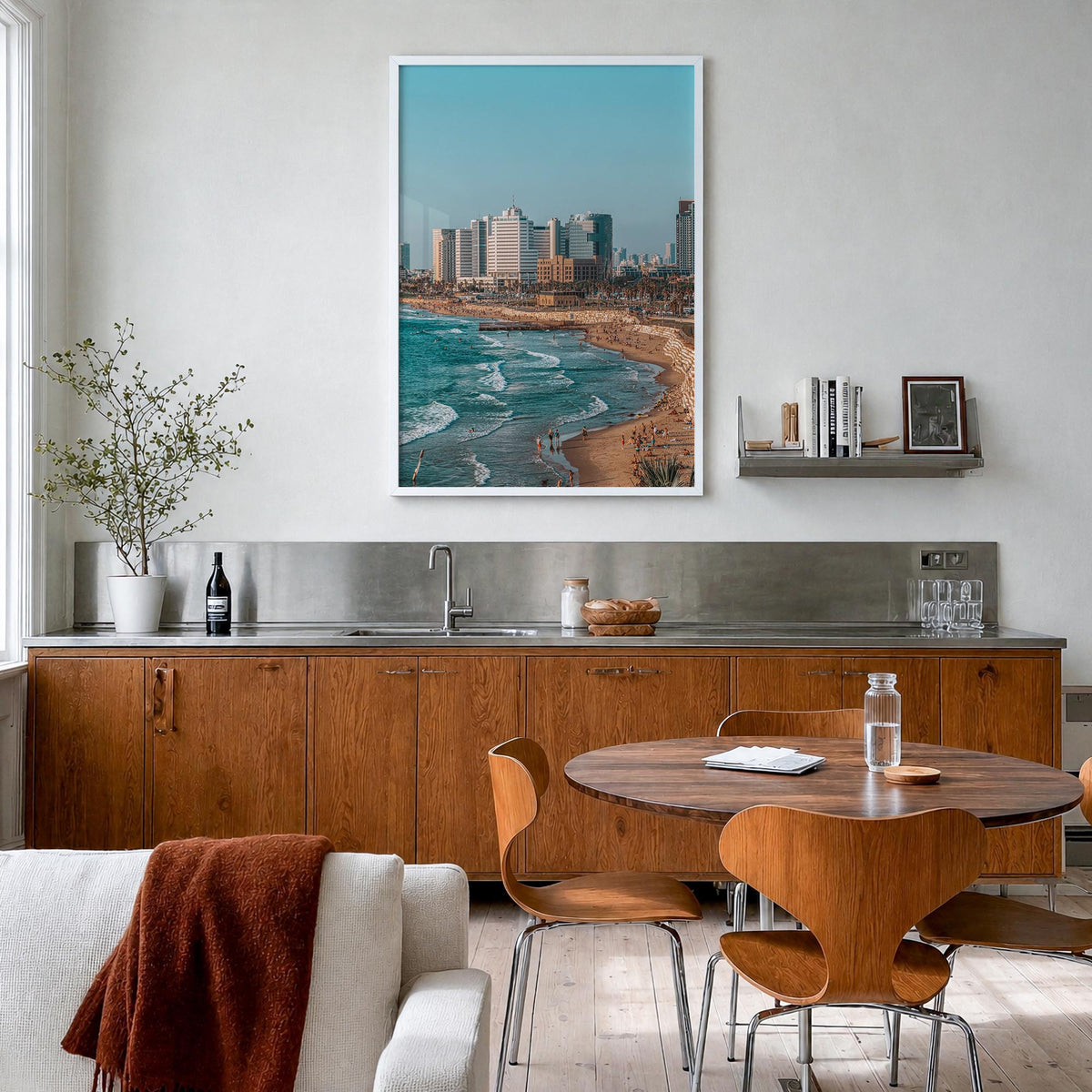 Tel Aviv no. 1 colorful photo poster of Israel – vertical wall art in white wood frame, hanging on wall