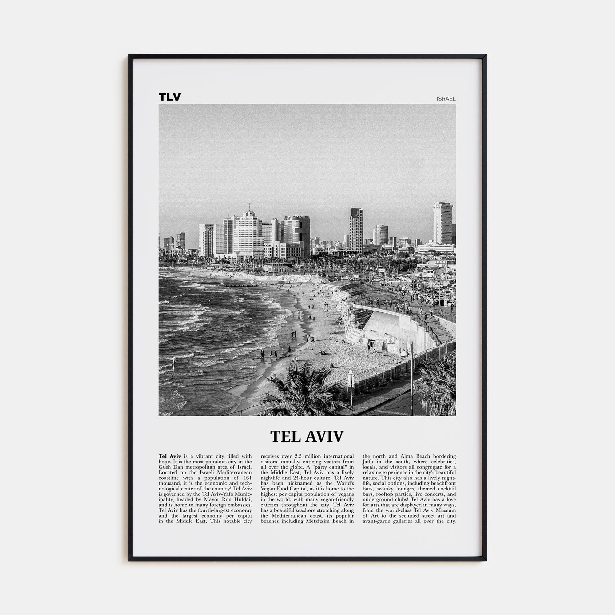 Tel Aviv No 1 Poster Black Metal / 8x12 in Nbourhood Travel B&W Poster