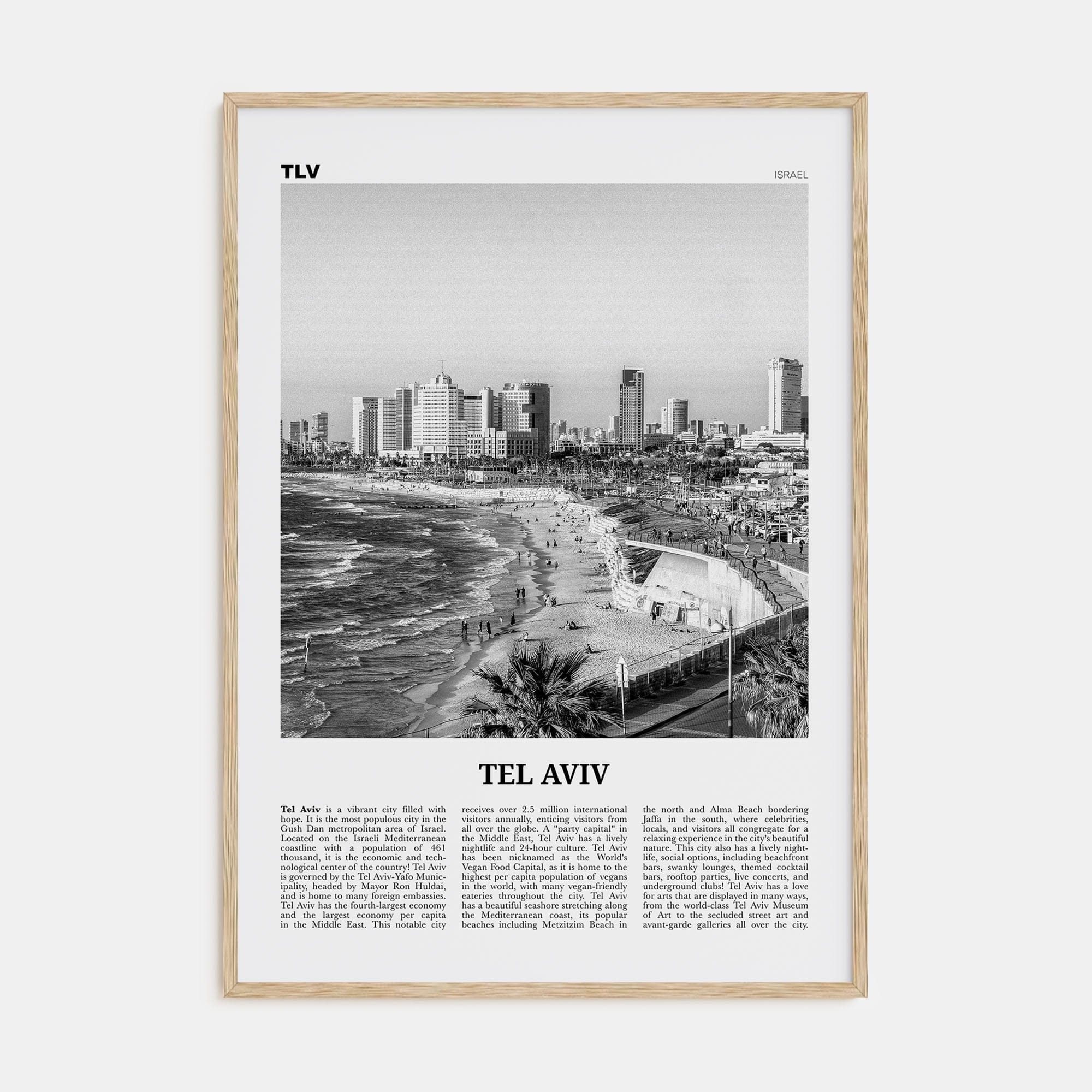 Tel Aviv No 1 Poster Natural Wood / 8x12 in Nbourhood Travel B&W Poster