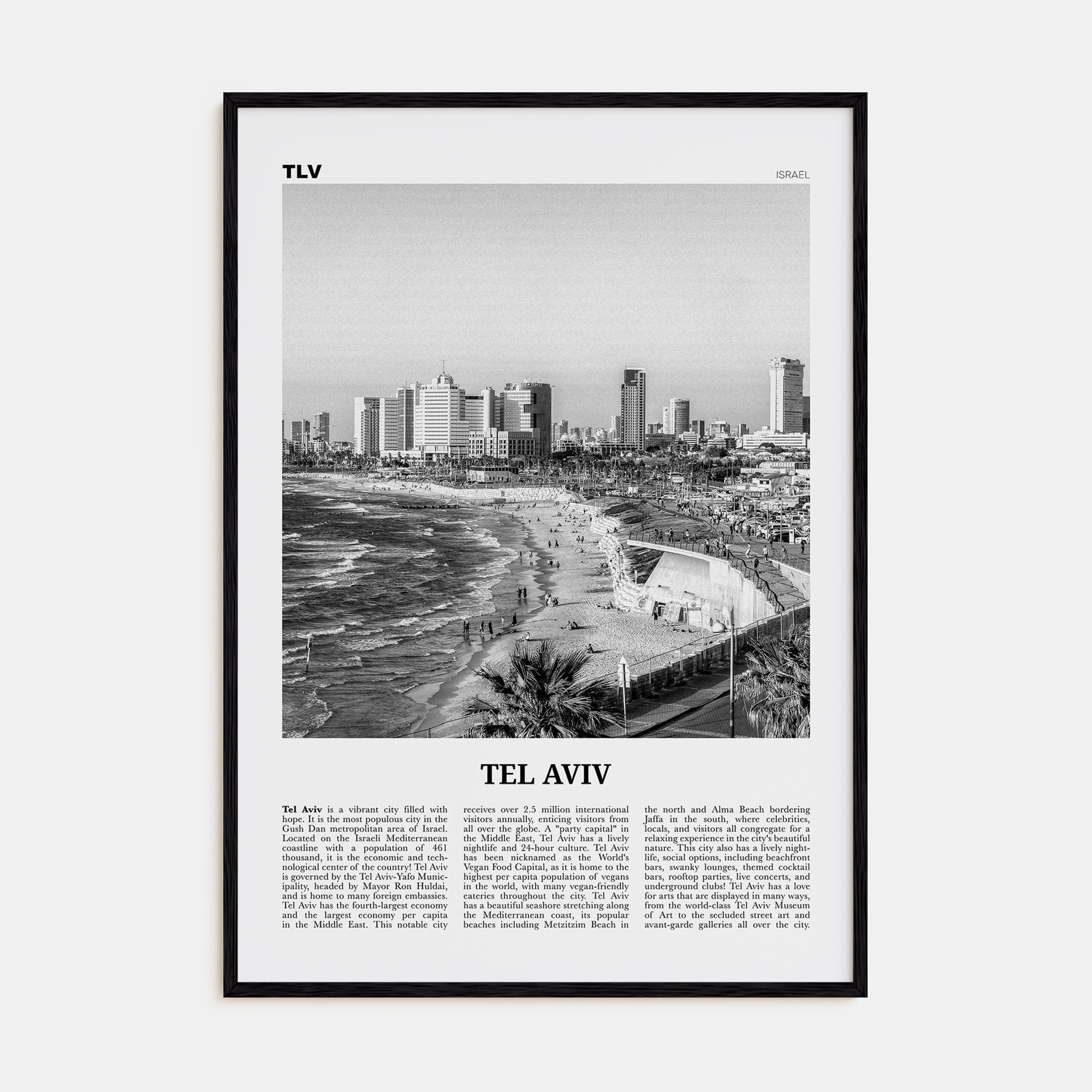 Tel Aviv No 1 Poster Black Wood / 8x12 in Nbourhood Travel B&W Poster