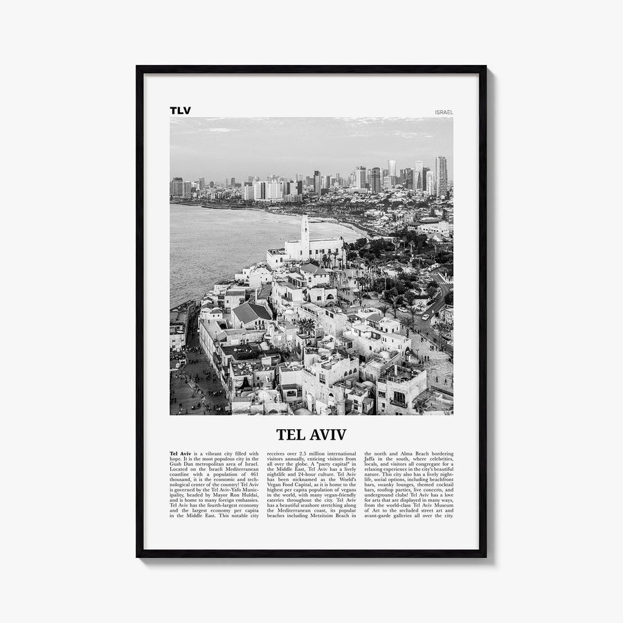 Tel Aviv no. 2 black & white newspaper poster of Israel – vertical wall art, unframed print shown in interior mockup
