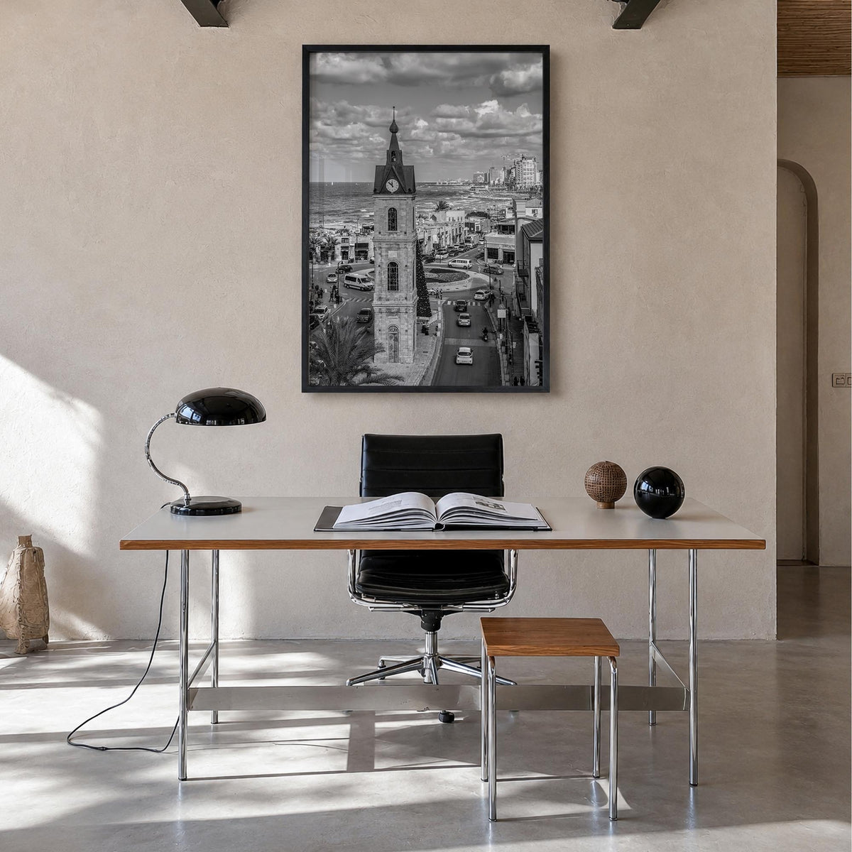 Tel Aviv no. 2 black & white photo poster of Israel – vertical wall art in black wood frame, hanging on wall