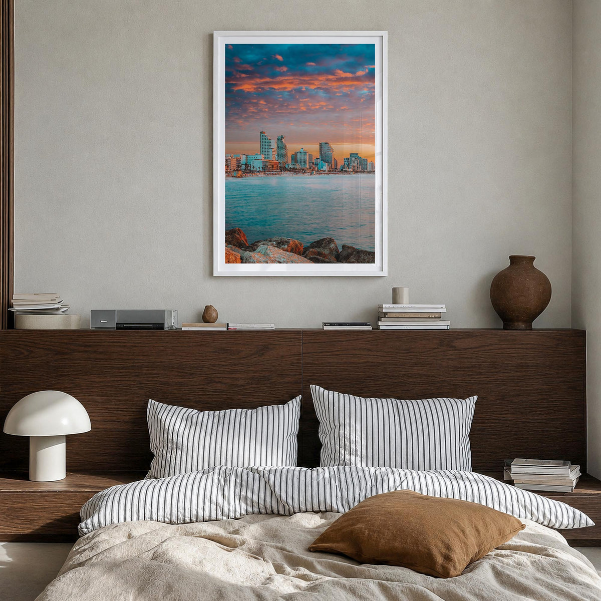 Tel Aviv no. 2 colorful photo poster of Israel – vertical wall art in white wood frame with white border, hanging on wall