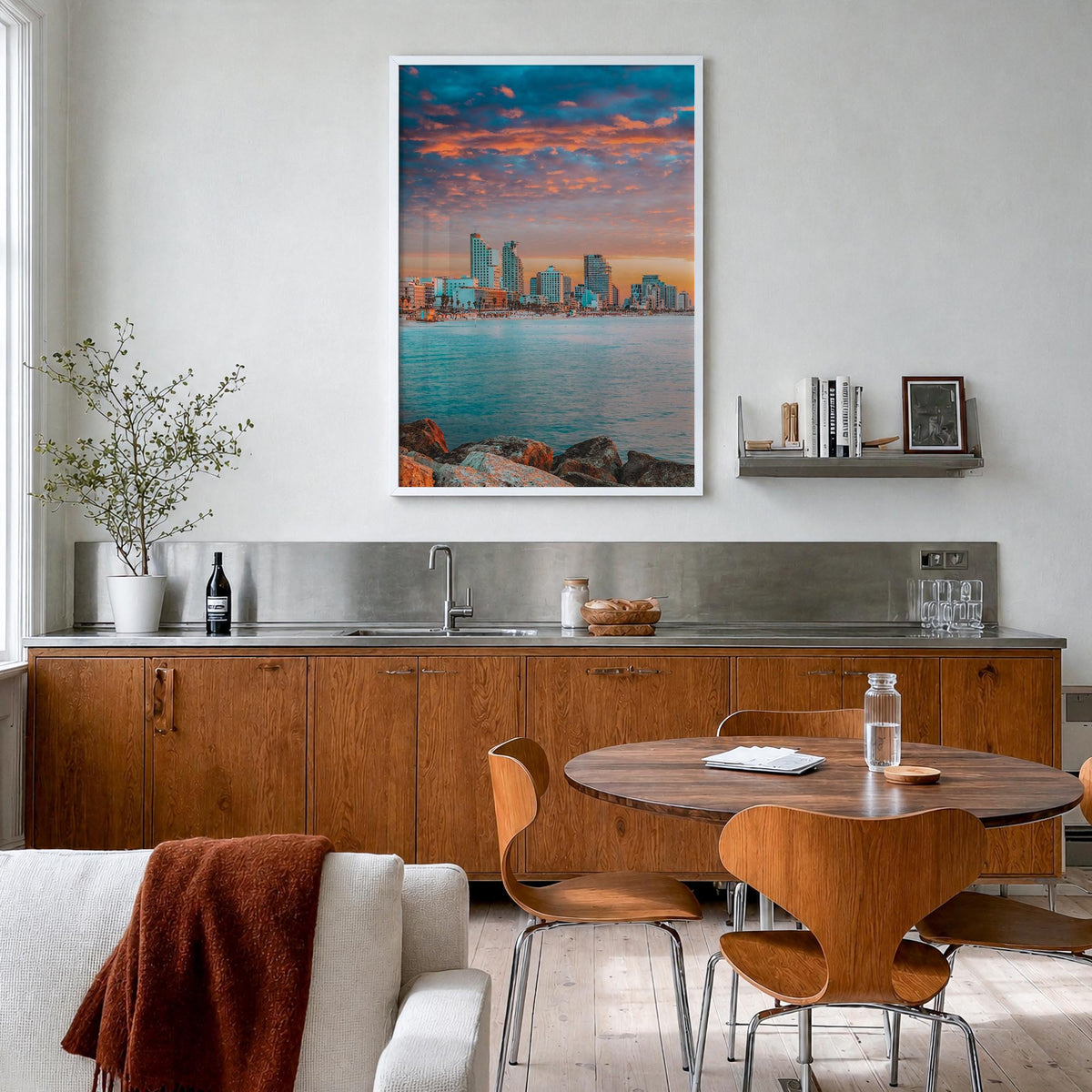Tel Aviv no. 2 colorful photo poster of Israel – vertical wall art in white wood frame, hanging on wall