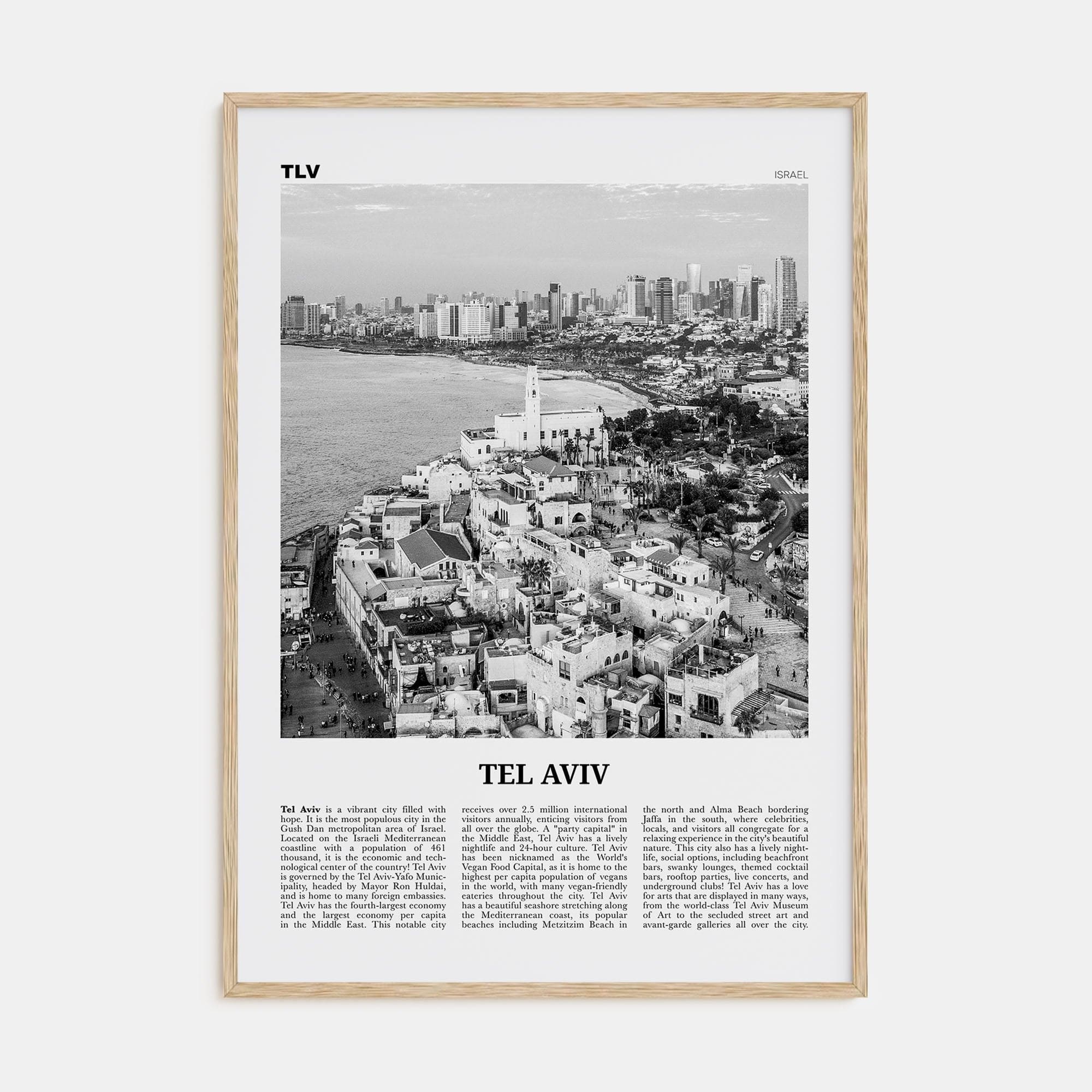 Tel Aviv No 2 Poster Natural Wood / 8x12 in Nbourhood Travel B&W Poster